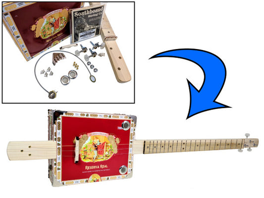 Complete DIY 3-String Fretted Cigar Box Guitar Kit with Neck - includes Acoustic/Electric Pickup